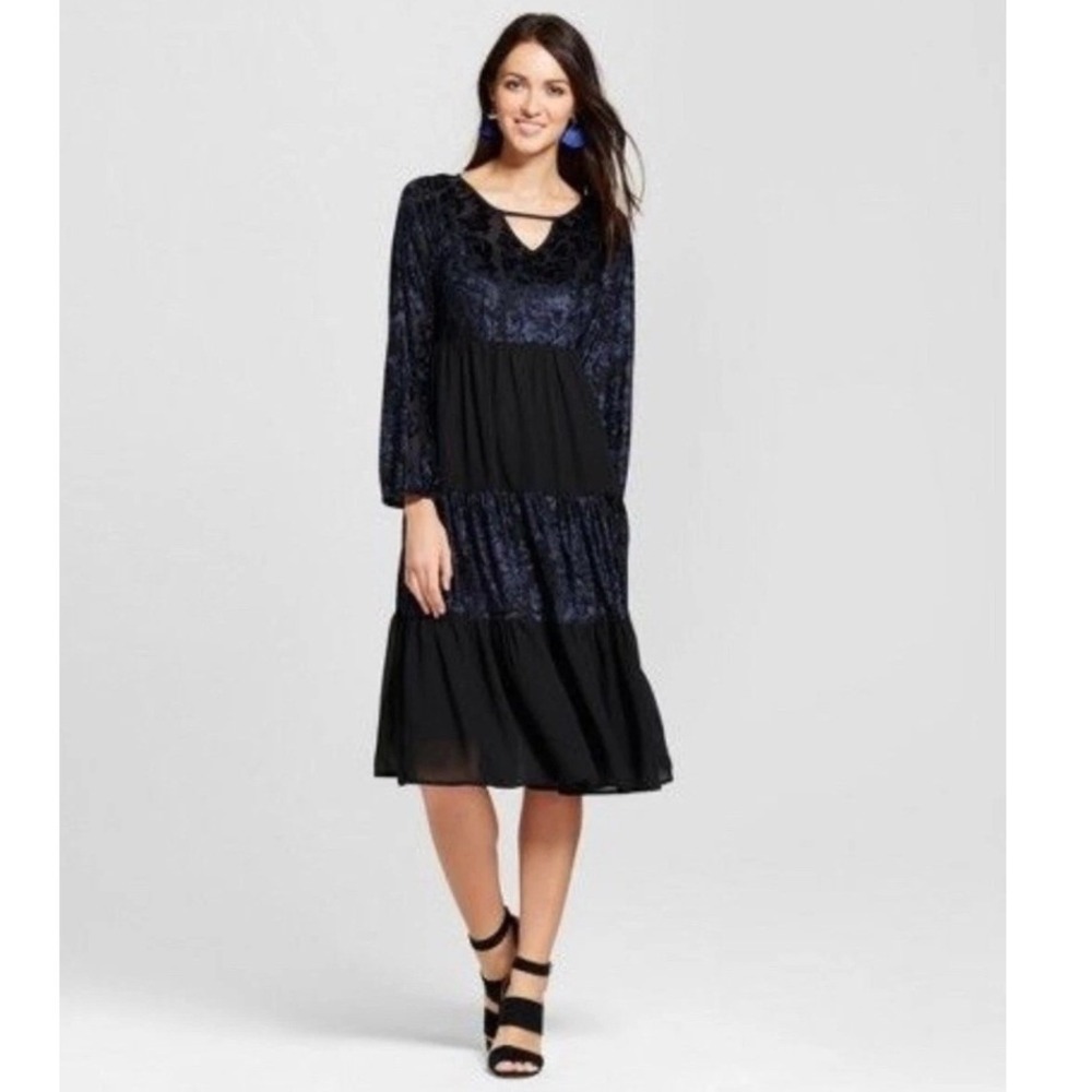 Knox Rose Black Navy Blue Velvet Burnout Whimsigoth Tiered Dress‎ Womens Medium